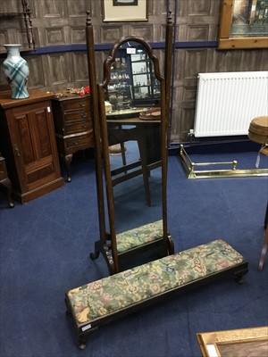 Lot 471 - A MAHOGANY CHEVAL MIRROR AND A FENDER STOOL