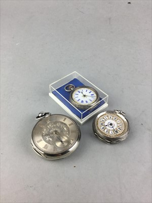 Lot 511 - A VICTORIAN SILVER POCKET WATCH AND TWO SILVER FOB WATCHES