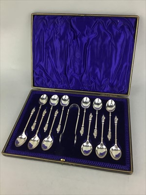 Lot 537 - A SET OF TWELVE SILVER TEASPOONS AND MATCHING SUGAR TONGS