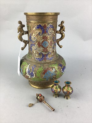 Lot 546 - A CHINESE REPUBLIC CHAMPLEVE TWIN HANDLED VASE, TWO MINIATURE VASES AND A PRAYER WHEEL