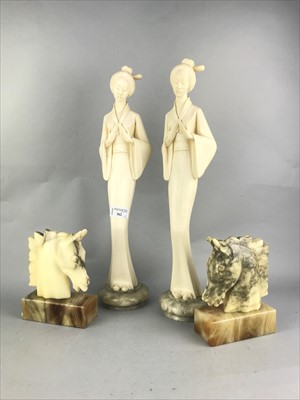 Lot 562 - A PAIR OF IVORY EFFECT STATUES OF JAPANESE LADIES AND A PAIR OF BOOKENDS