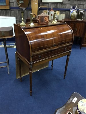 Lot 564 - A REPRODUCTION INLAID ROLL TOP BUREAU