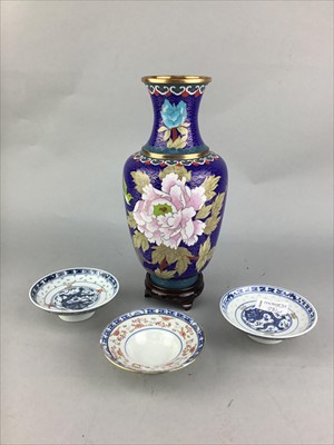 Lot 281 - A CHINESE CLOISONNE ENAMEL VASE ALONG WITH TEA WARE AND A GLASS BASKET