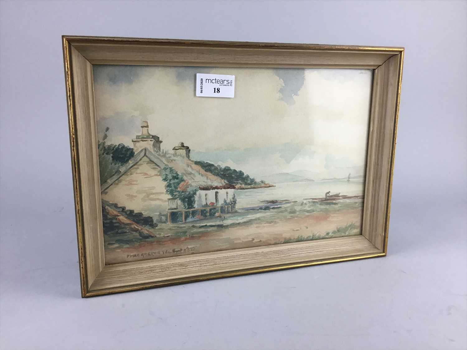 Lot 18 - COASTAL SCENE WITH COTTAGE, A WATERCOLOUR BY P MACGREGOR WILSON