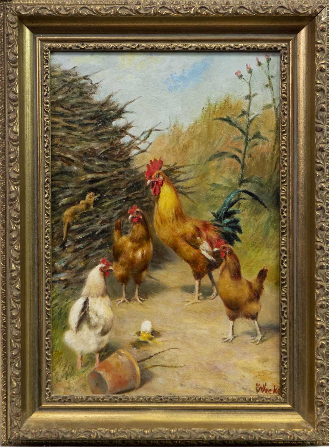 Lot 6 - HENS AND COCKEREL, AN OIL BY HERBERT WILLIAM WEEKES