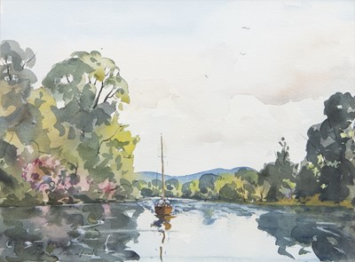 Lot 26 - SAILING BOAT ON THE RIVER, A WATERCOLOUR BY STEVEN PROUDFOOT