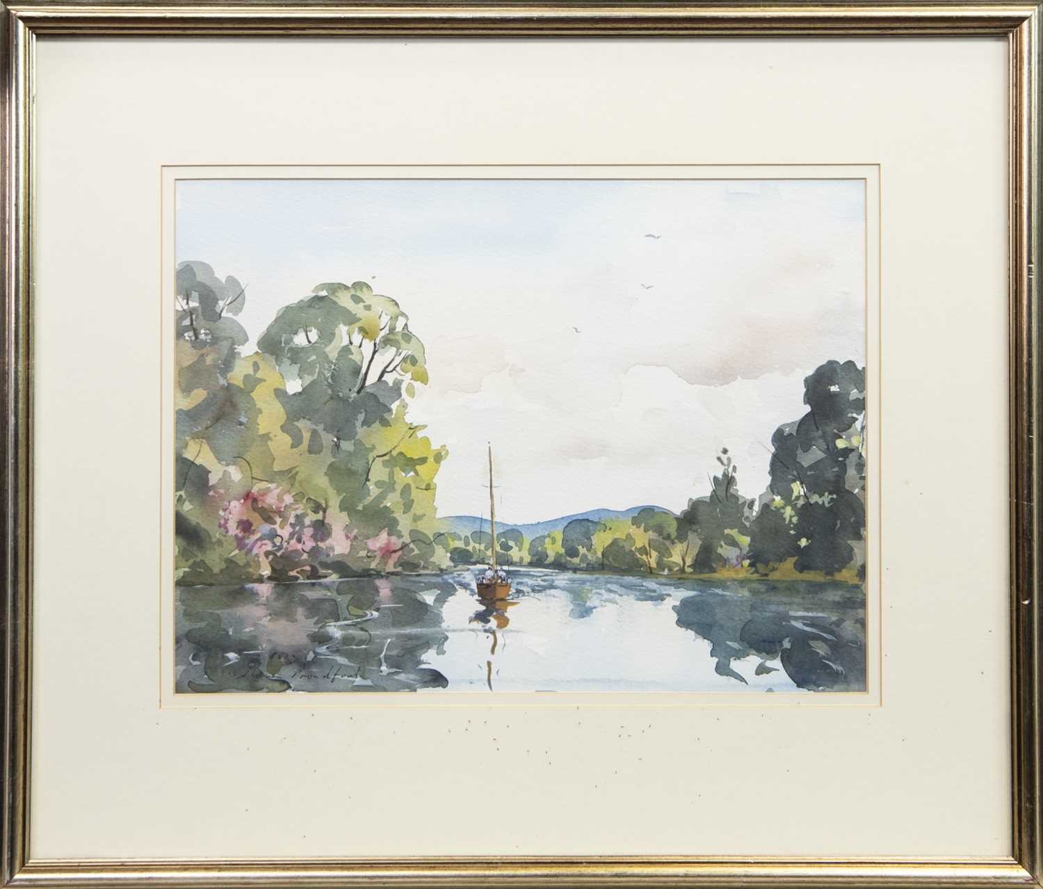 Lot 26 - SAILING BOAT ON THE RIVER, A WATERCOLOUR BY STEVEN PROUDFOOT