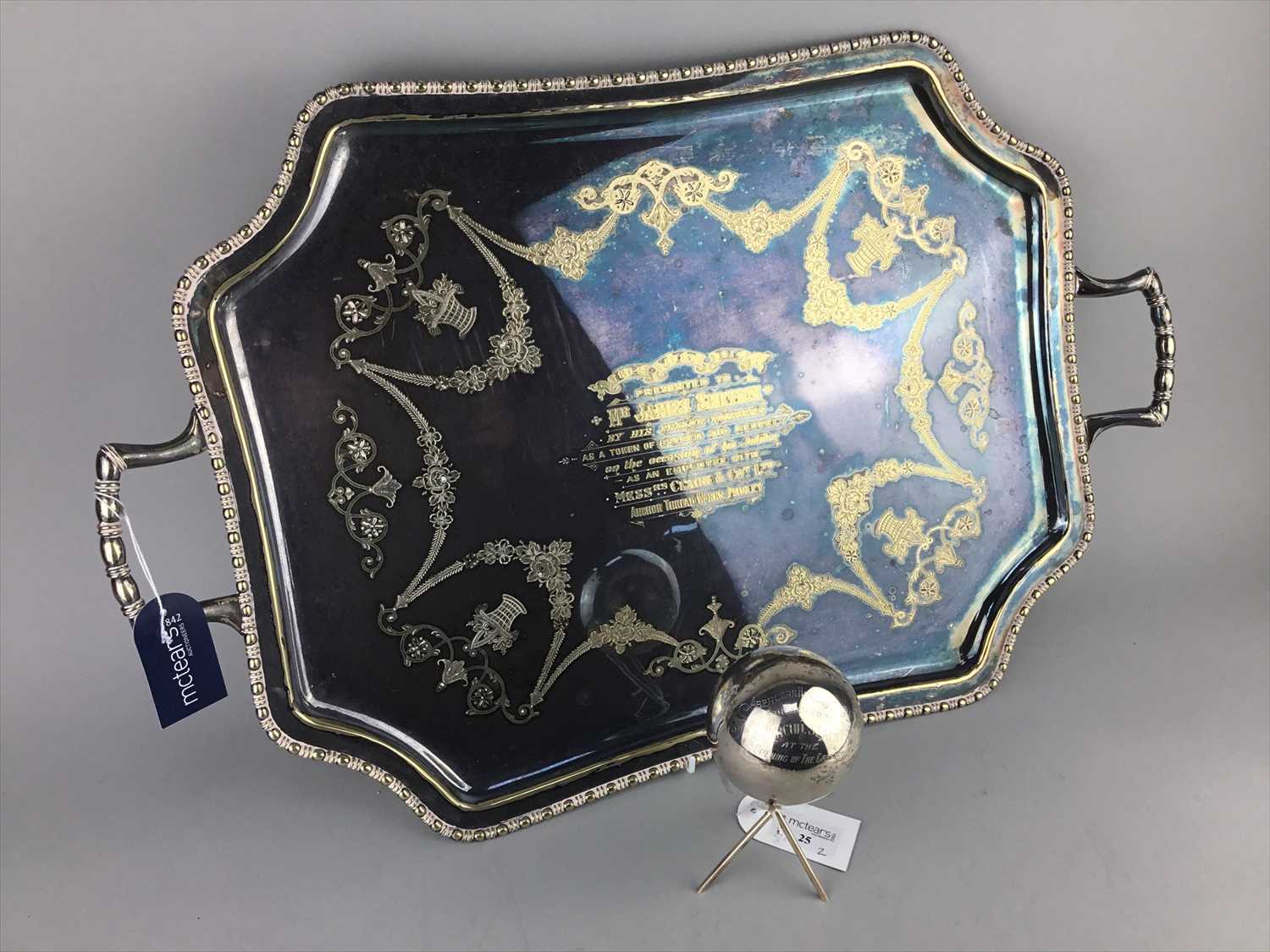 Lot 25 - A SILVER PLATED PRESENTATION TRAY AND TROPHY