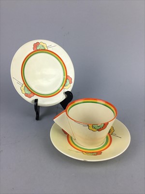 Lot 119 - A CLARICE CLIFF NEMESIA PATTERN CUP, SAUCER AND SIDE PLATE