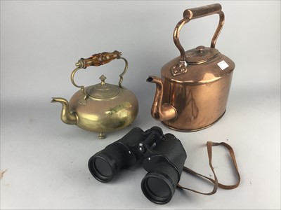 Lot 184 - A VINTAGE LEATHER SUITCASE, BRASS KETTLE, COPPER KETTLE AND BINOCULARS