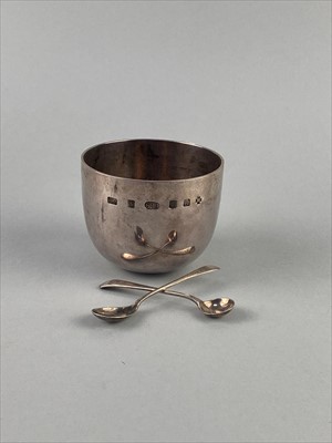 Lot 185 - A SILVER CIRCULAR CUP AND TWO SPOONS