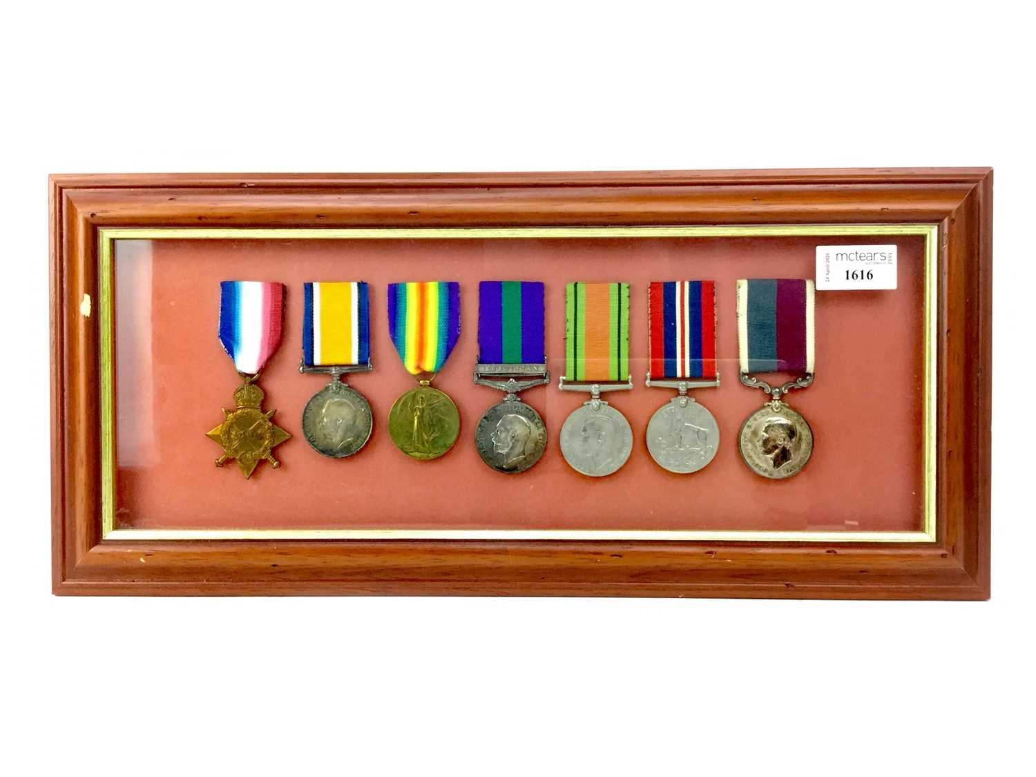 Lot 1616 - A FRAMED WORLD WAR MEDAL GROUP RELATING TO THE LOGUE FAMILY