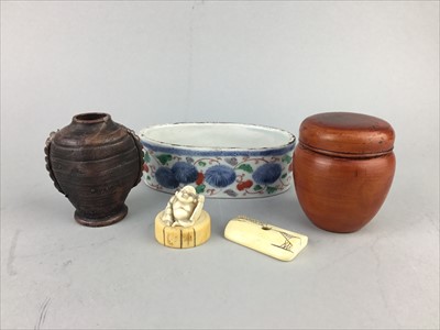 Lot 220 - A POTTERY VASE, SMALL NETSUKE AND TWO PIECES OF BONE
