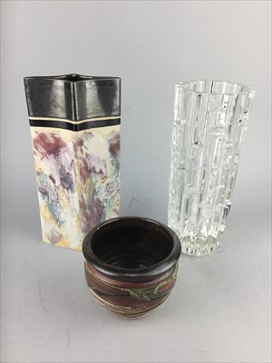 Lot 228 - A WHITEFRIARS GLASS VASE, STUDIO POTTERY VASES, A PAPERWEIGHT AND A CONTEMPORARY LID