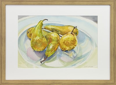 Lot 327 - STILL LIFE OF PEARS, A WATERCOLOUR BY GILL ROBB