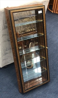 Lot 278 - A BURR WALNUT WALL HANGING DISPLAY CABINET