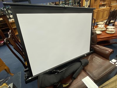 Lot 247 - A PORTABLE PROJECTOR SCREEN ALONG WITH A TRIPOD