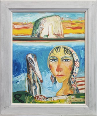 Lot 569 - WOMAN WITH DOG AND BASS ROCK, AN OIL BY JOHN BELLANY