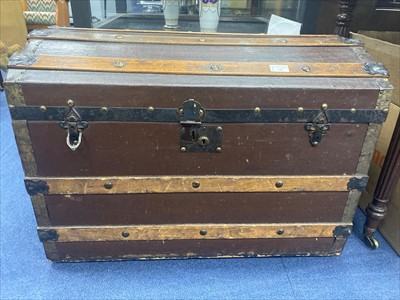 Lot 258 - A STAINED WOOD DOME TOP CARRIAGE TRUNK