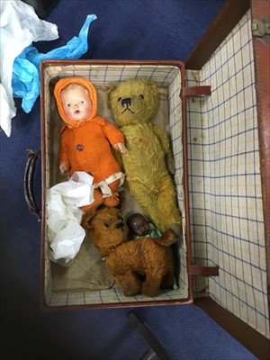 Lot 254 - A TAN LEATHER SUITCASE AND VINTAGE TOYS