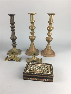 Lot 356 - A PAIR OF BRASS CANDLESTICKS AND OTHER BRASSWARE