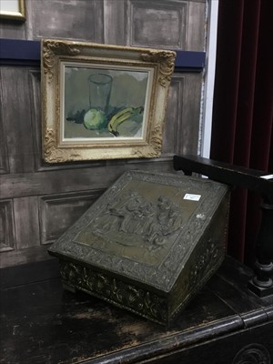 Lot 357 - A BRASS COAL BOX AND AN OIL ON BOARD OF A STILL LIFE