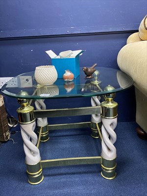 Lot 303 - A MODERN GLASS TOPPED TABLE AND A MODERN GLASS TOPPED SIDE TABLE
