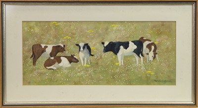 Lot 685 - COWS IN A FIELD, A WATERCOLOUR BY RALSTON GUDGEON