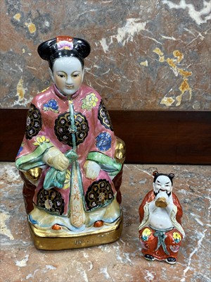 Lot 424 - A 20TH CENTURY CHINESE POLYCHROME FIGURE OF AN EMPRESS AND ANOTHER FIGURE