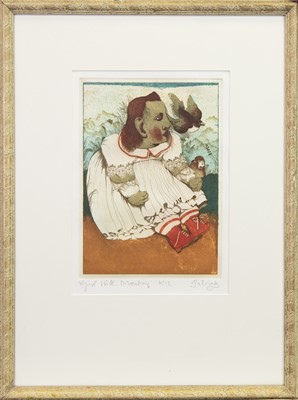 Lot 711 - GIRL WITH MONKEY, A COLOUR ETCHING BY JOHN BYRNE
