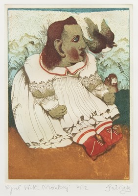 Lot 711 - GIRL WITH MONKEY, A COLOUR ETCHING BY JOHN BYRNE