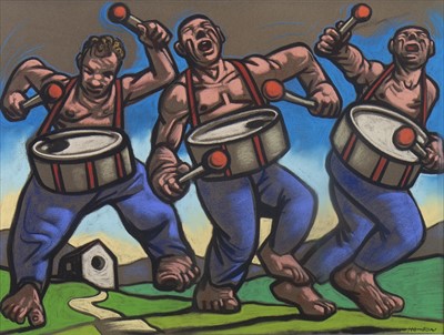 Lot 720 - THREE DRUMMERS, A PASTEL BY PETER HOWSON