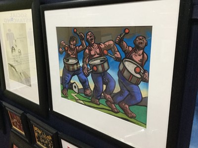 Lot 720 - THREE DRUMMERS, A PASTEL BY PETER HOWSON