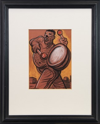 Lot 731 - STRUTTING DRUMMER, A PASTEL BY PETER HOWSON