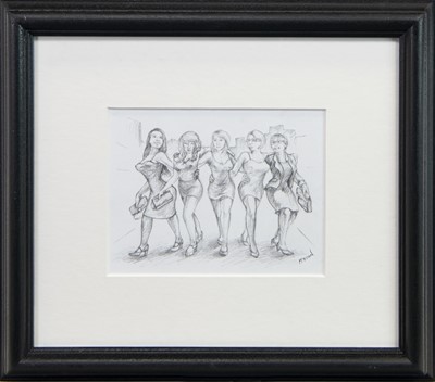 Lot 733 - GIRLS NIGHT OUT, A PENCIL SKETCH BY GRAHAM MCKEAN