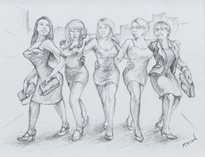Lot 733 - GIRLS NIGHT OUT, A PENCIL SKETCH BY GRAHAM MCKEAN