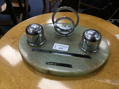 Lot 433 - AN ART DECO CHROME AND GREEN HARDSTONE DESK STAND AND AN AMPHORA JUG