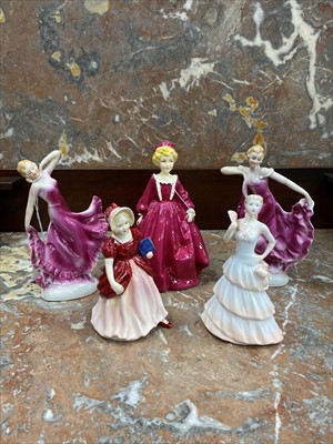 Lot 456 - A ROYAL WORCESTER FIGURE AND FOUR OTHER FIGURES OF LADIES