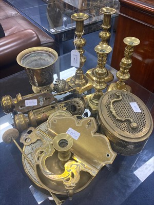 Lot 463 - A PAIR OF BRASS CANDLESTICKS AND OTHER BRASSWARE