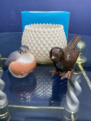 Lot 488 - A GRISELDA HILL POTTERY JUG, A BELLEEK VASE AND TWO FIGURES OF BIRDS