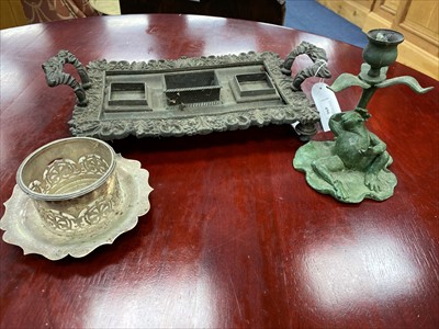 Lot 496 - A VICTORIAN CAST METAL DESK INK STAND BASE AND OTHER SILVER PLATED ITEMS