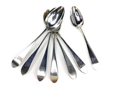 Lot 457 - A SET OF SEVEN GEORGE III SILVER TABLE SPOONS