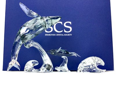 Lot 1040 - A SWAROVSKI CRYSTAL FIGURE OF A PAIKEA WHALE ALONG WITH ANOTHER