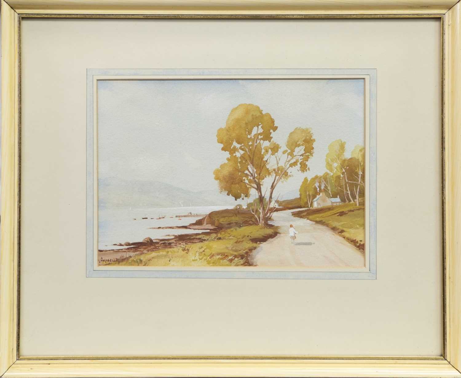 Lot 28 - FIGURE WALKING BY A STREAM, A WATERCOLOUR BY TOM CAMPBELL