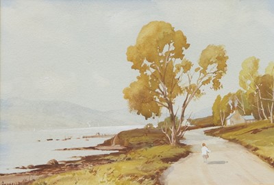 Lot 28 - FIGURE WALKING BY A STREAM, A WATERCOLOUR BY TOM CAMPBELL