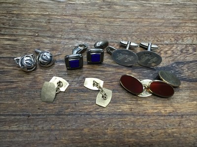 Lot 38 - A PAIR OF NINE CARAT GOLD ENGINE TURNED CUFFLINKS AND OTHERS