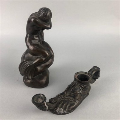 Lot 283 - A BRONZE FIGURE OF A MERMAID AND A CANDLESTICK MODELLED AS A FOOT