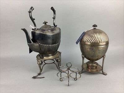Lot 98 - A PLATED EGG CODDLER, TEA KETTLE AND LOT OF CUTLERY