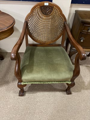 Lot 96 - A CANE BACK ARMCHAIR, BEDSIDE CABINET AND TWO FOOTSTOOLS
