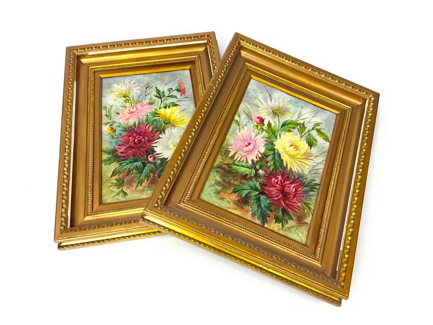 Lot 1045 - A LOT OF TWO HAND PAINTED CERAMIC PANELS DEPICTING CHRYSANTHEMUMS